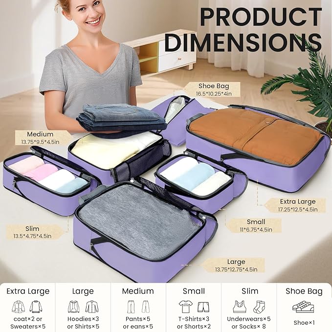 BAGAIL 4 Set/6 Set/8 Set Compression Packing Cubes Travel Accessories Expandable Packing Organizers (Half Mesh, 6-Lavender)