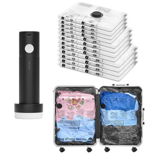 SUOCO Travel Vacuum Bags for Luggage with Portable Electric Pump, 12 Combo (4L/4M/4S) Packing Seal Bags for Clothing Suitcase Backpack, Space Saver Compression Clothes Storage Bags
