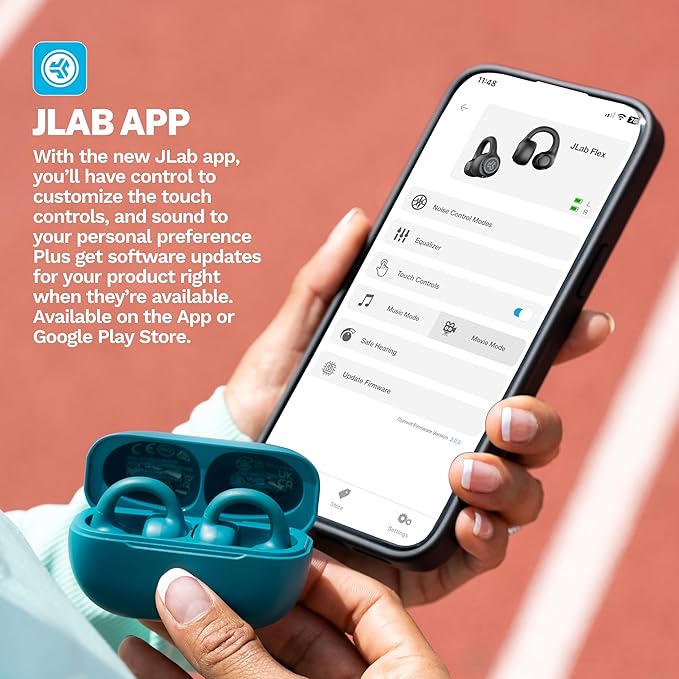 JLab Flex Open Earbuds, Clip-on Cuff Design, Wireless Open-Ear Audio Freedom Effortless Fit, Safe Listening, Bluetooth Multipoint, Customize with The App, Teal