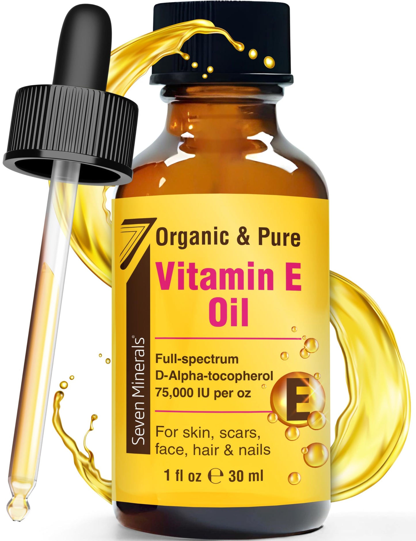 Seven Minerals Ultra Pure Vitamin E Oil - 75,000 I.U. Full-Spectrum D-Alpha Tocopherol, 1 Fl Oz - 100% Organic Vitamin E Oil for Skin, Face, Hair, and Scars - Naturally Occurring = Not Synthetic
