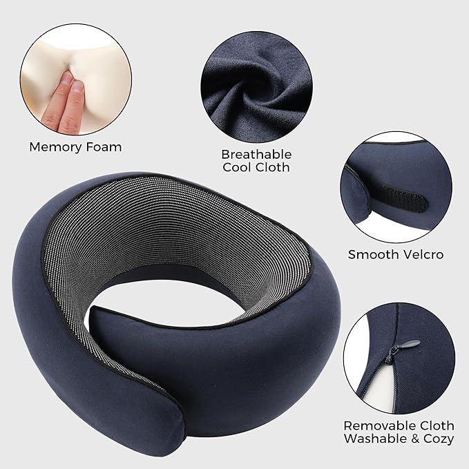 Travel Pillow,Travel Neck Pillows for Airplanes,Comfortable Breathable Cover,Memory Foam 360 Degree Support Stowable Pillows,Ideal Accessory for Sleeping Offices and Cars(Navy Blue)