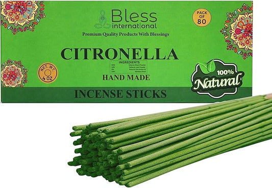 Bless-Citronella 100%-Natural-Handmade-Hand-Dipped-Incense-Sticks Organic-Chemicals-Charcoal-Free Purification-Relaxation-Positivity-Yoga-Meditation Best-Woods-Scent (80 Sticks (4.20 OZ))