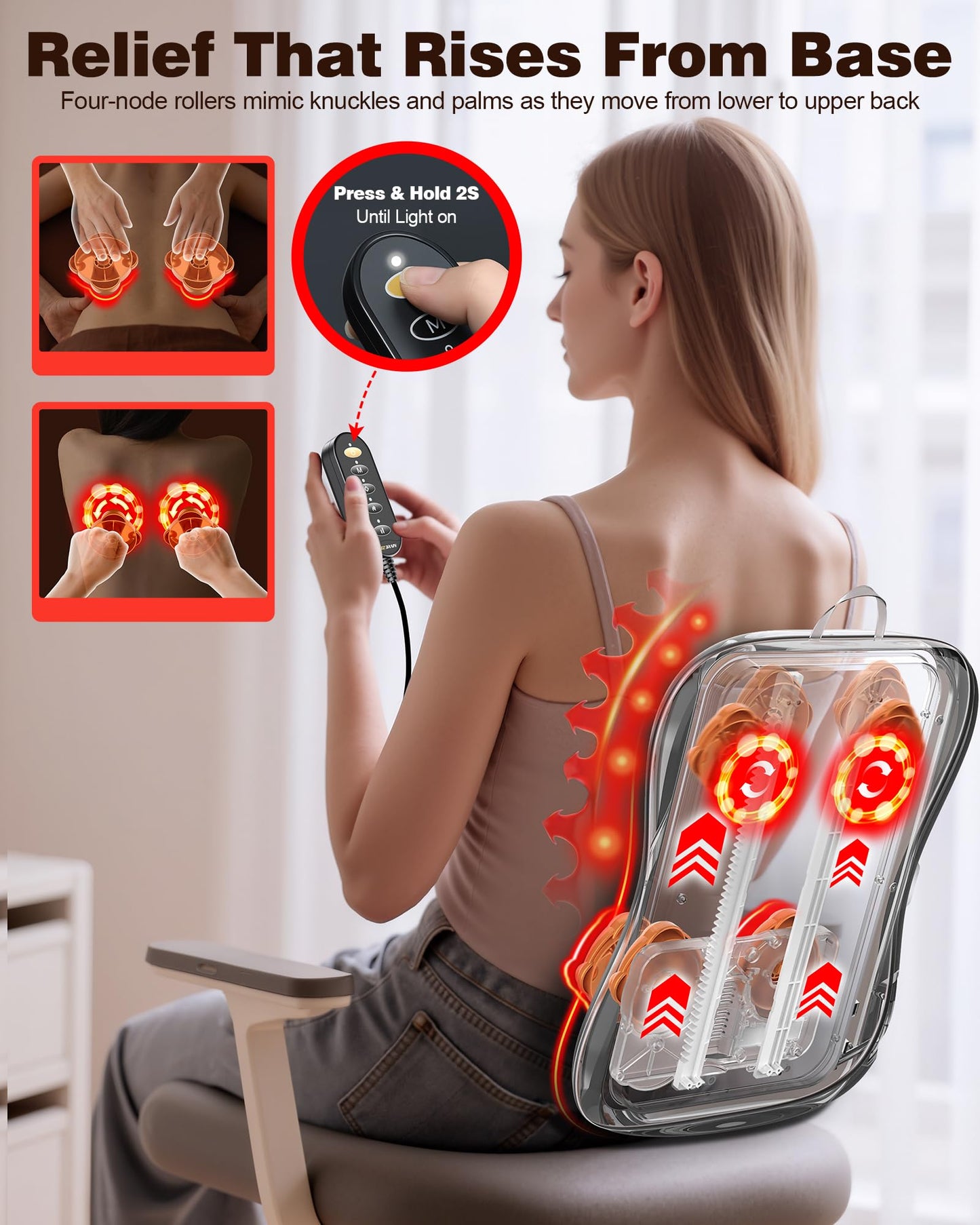 JZBRAIN Shiatsu Back Massager with Heat : Up and Down Rolling Massage - Electric Back Massager for Pain Relief Deep Tissue - Heated Lower Back Massager for Office, Home Use
