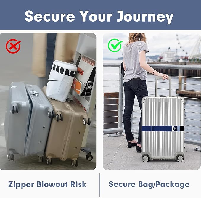 2-in-1 Travel Belt for Luggage Over Handle, Luggage Belt for Carry on Bag, Suitcase Straps, Add a Bag Bungees Luggage Straps Adjustable with Alloy Buckle,Hands-Free for Airport (Blue, 2 Pack)