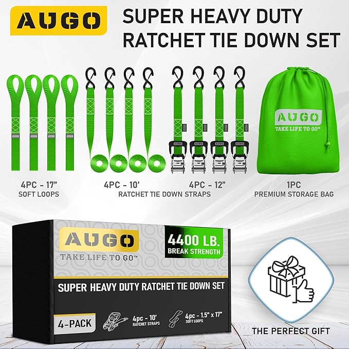AUGO Heavy Duty Ratchet Straps & Soft Loops – Pack of 4 Extra Strong 1.5” by 10’ Ratchet Straps w/S-Hook Safety Latches & 4 Soft Loop Tie Downs – 4400Lb Break Strength for Motorcycles, ATVs, Etc.