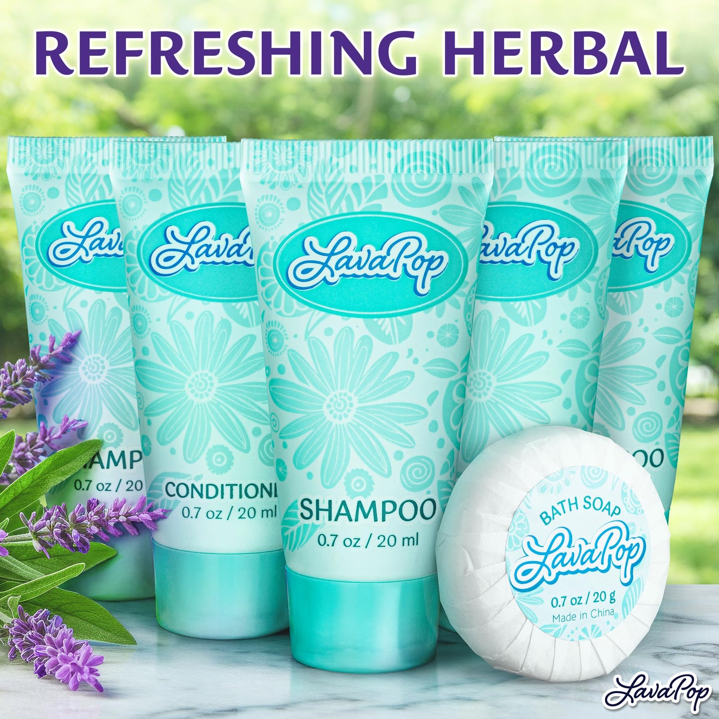 LavaPop - Hotel Soap, Shampoo & Conditioner 3-Piece Set - Iris, Violet & Amber, 0.7 oz each, 150 Pcs - Calming & Comforting Travel Size Amenities - Bulk Toiletries for Airbnb, Motels & Guest Rooms