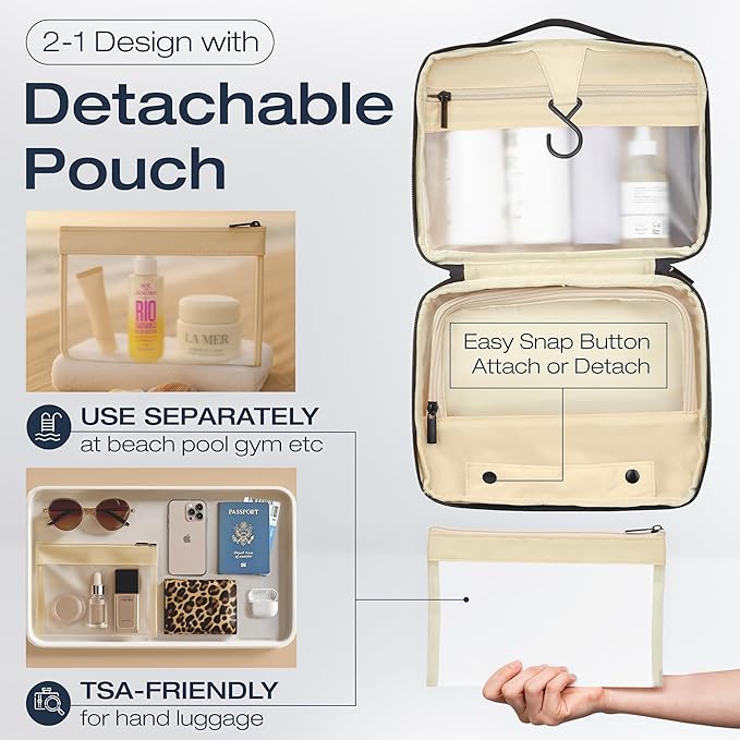 KAZAY Hanging Toiletry Bag with TSA Approved Detachable Pouch, Travel Toiletry Bag, Water Resistant, Premium Nylon, Travel Size Toiletries Cosmetic Bag, Makeup Bag, Unisex (Black)