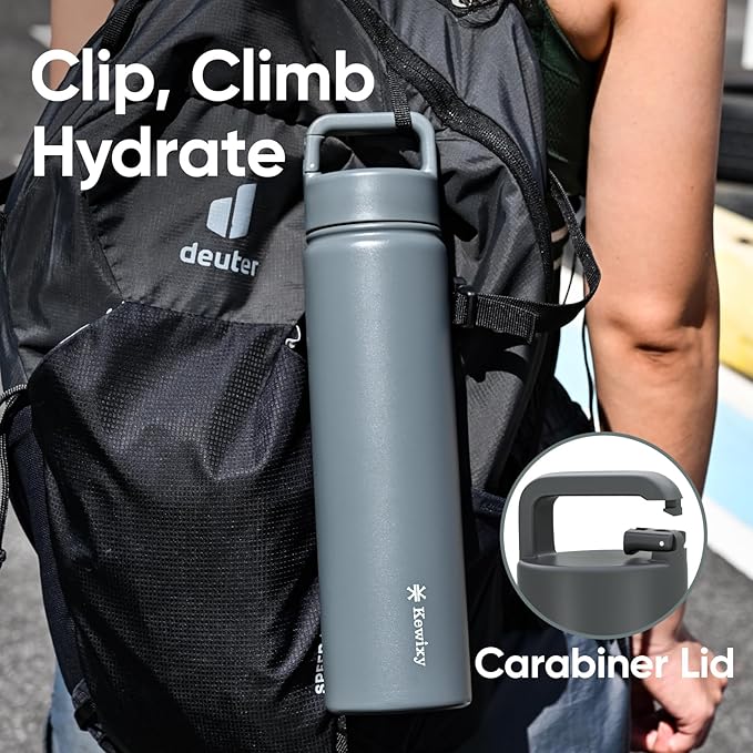 24 oz Insulated Water Bottle, 2-in-1 Lid, Straw & Spout with Protected, Leak Proof, Keep Cold, Stainless Steel, Metal, Reusable, Handle, for Travel, Gym and School, 2 Lids, Char Gray