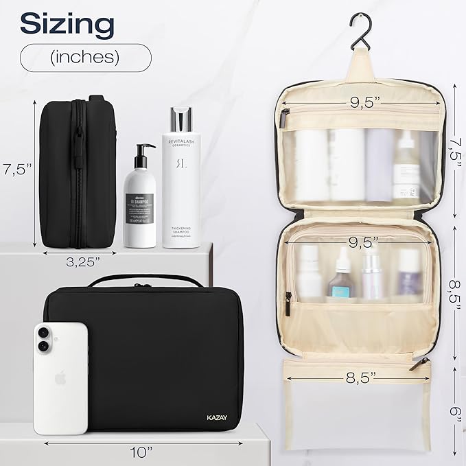 KAZAY Hanging Toiletry Bag with TSA Approved Detachable Pouch, Travel Toiletry Bag, Water Resistant, Premium Nylon, Travel Size Toiletries Cosmetic Bag, Makeup Bag, Unisex (Black)