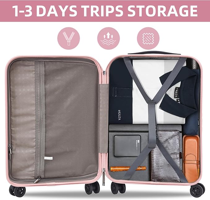 19 Inch Suitcase Hand Luggage with Front Pocket for 15.6" Laptop, 35 * 23 * 55cm, 43L, Ligthweight ABS+PC Hardshell Carry On, TSA Lock & YKK Zippers with HINOMOTO 360° Wheels, Pink