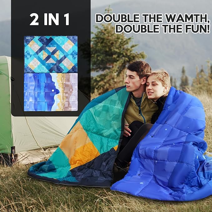 Camping Blanket, 2-in-1 Wearable Puffy Camping Blanket with Hood & Snap Buttons Waterproof Lightweight Travel Blanket Converts to Pillow for Backpacking, Beach, Picnics, Stadium (Black)