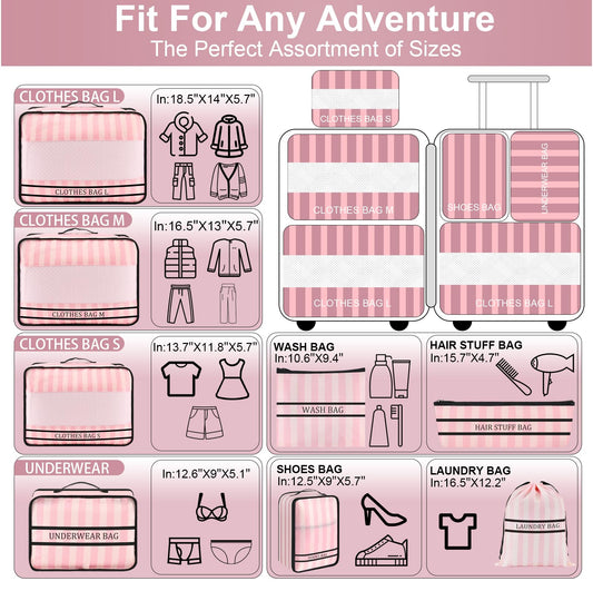 Ougrand 9 Set Packing Cubes Luggage Packing Organizers for Travel Accessories Space Saving Travel Bags for Carry On, Lightweight Mesh Zipper, Clothes, Shoes and Laundry Bag, Suitcases (Pink Streak)
