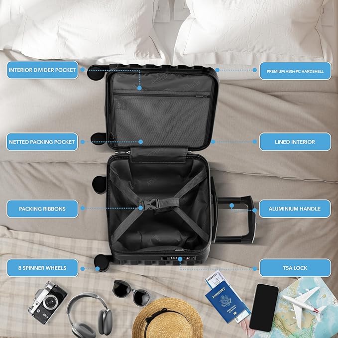 Carry On Suitcase Hardside TSA Lock & USB Port Silent Double Spinner Wheels Maximum Underseat Carry-On Bag For Virgin & South West Approved Airlines( 16.25x13.5x8" ,Black )