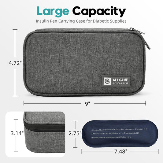 ALLCAMP Insulin Cooler Travel Case Diabetic Medication Cooler with 4 Ice Pack - Medical Cooler Bag Portable and Reusable Grey (9x 4.72x 3.14 inches)