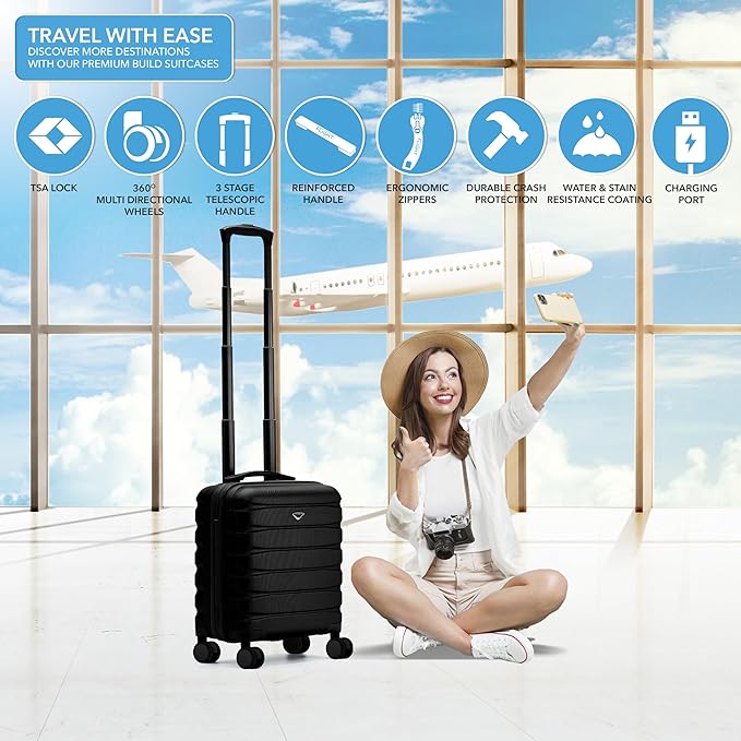 Carry On Suitcase Hardside Built In TSA Lock & USB Port Silent Double Spinner Wheels Maximum Underseat Carry-On Bag For American & United Approved Airlines( 18x14x8" ,Black )