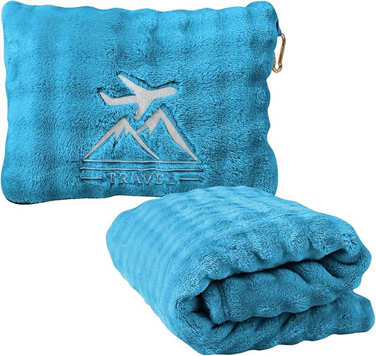 Travel Blanket and Pillow-2-in-1, Ultra-Soft&Compact, One-Piece Airplane Blanket with Hand Luggage Belt and Backpack Clip,Travelers Accessories Gifts, 61x43 Inches (Green)