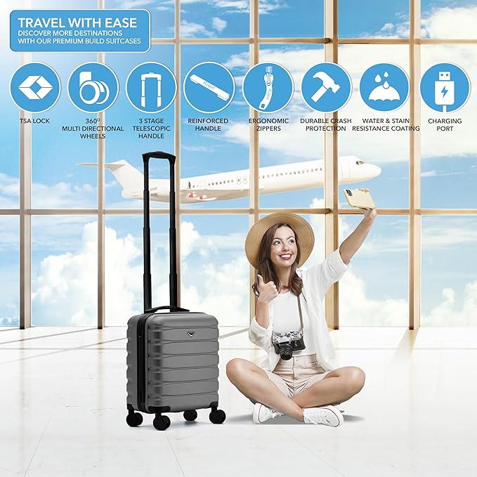 Carry On Suitcase Hardside Built In TSA Lock & USB Port Silent Double Spinner Wheels Maximum Underseat Carry-On Bag For American & United Approved Airlines( 18x14x8" ,Charcoal )