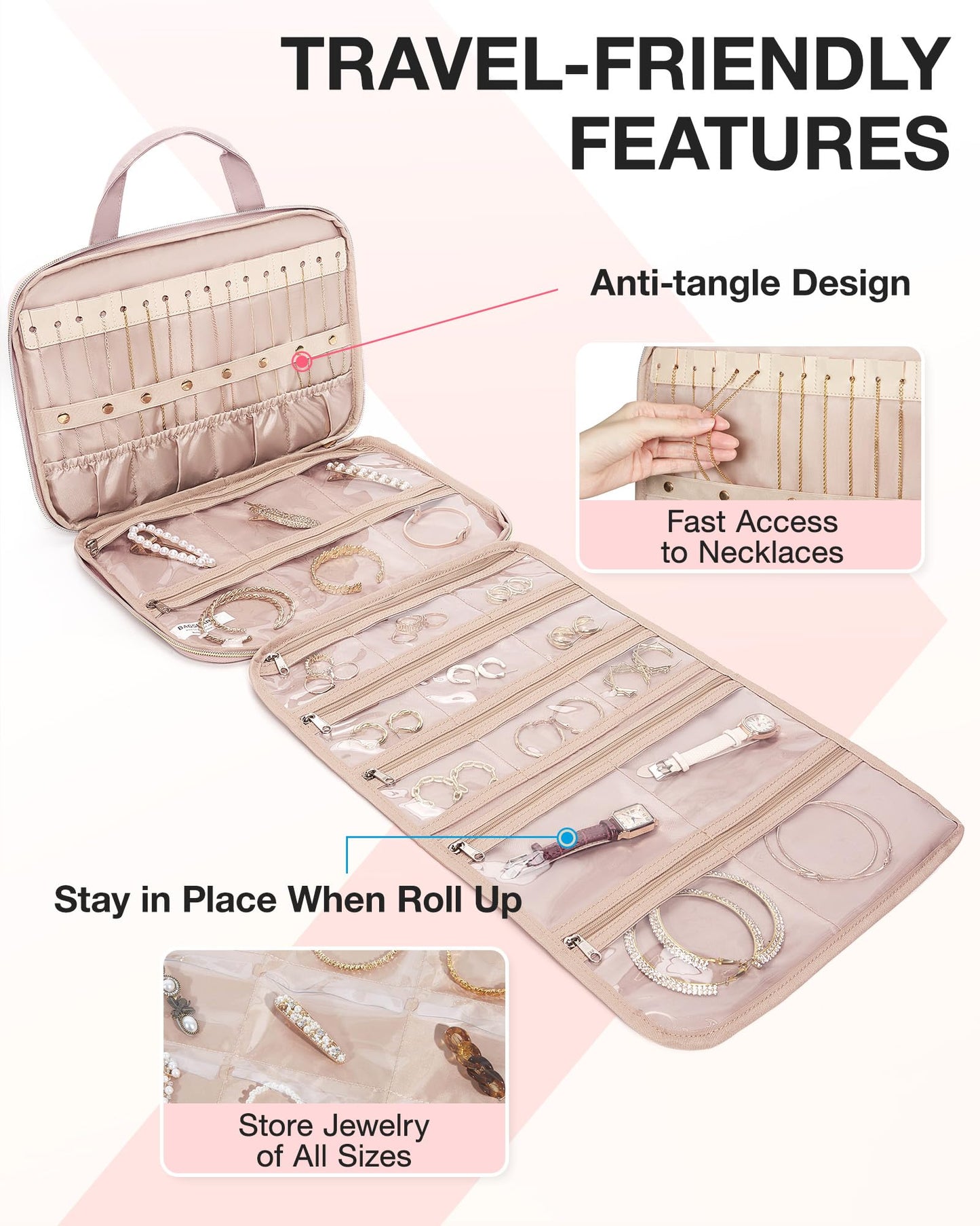 BAGSMART Travel Jewelry Case, Hanging Roll Jewelry Bag with Zipper Pockets Jewelry from Oxidation, Large Capacity for Earrings, Necklaces, Rings on Closet, Wall, Door, Portable Travel Essentials, Pink