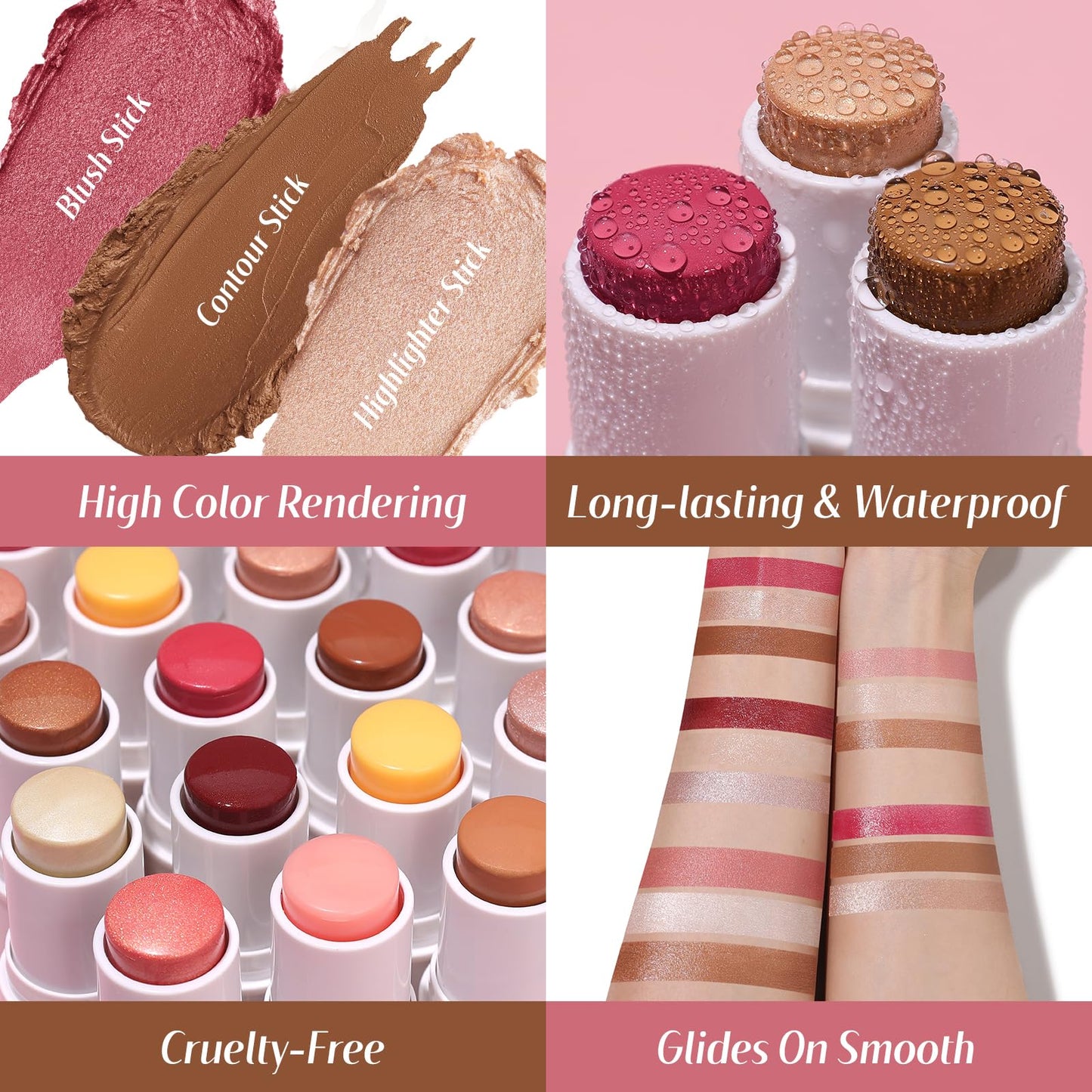 KIMUSE Face Sticks Trio, Cream Blush Stick & Highlighter Stick & Contour Stick for Sculpt the Cheeks, Long Lasting Cream Contour Stick Trio for Face Makeup, with Brush