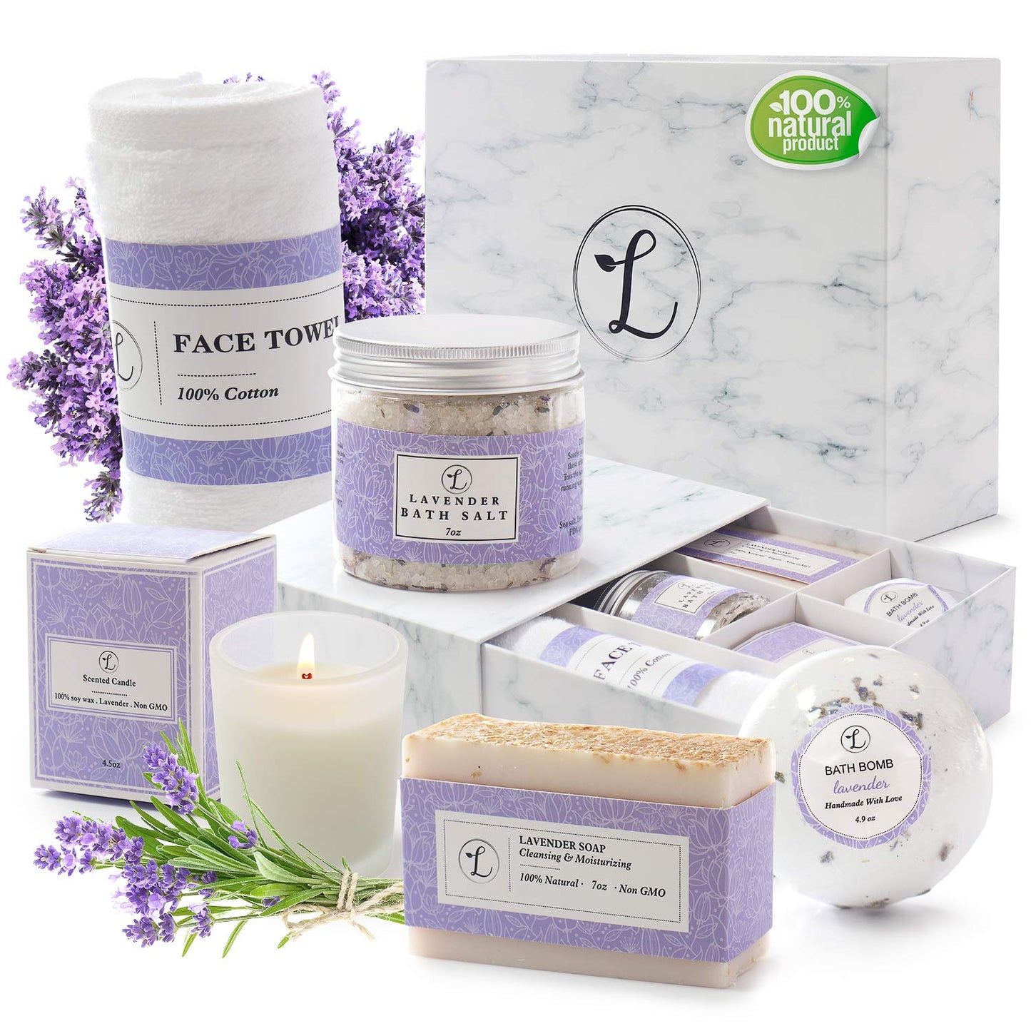 Spa Gift Set, Natural Lavender, Gift Box Includes Bath Bomb, Bath Salt, Hand Soap, Scented Candle, Face Cloth and Gift Box. Best Gift for Her (Spa Gift Set)