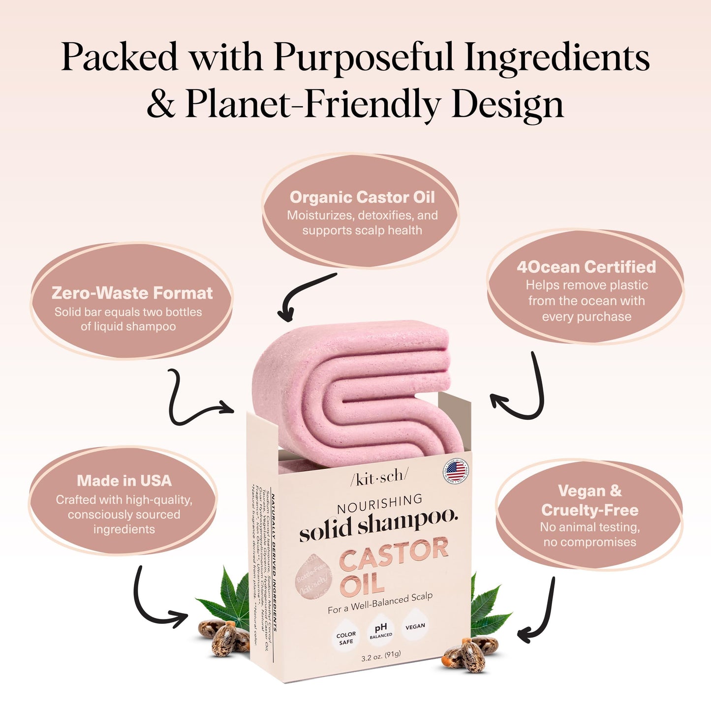 Kitsch Castor Oil Shampoo Bar Soap - Hydrating & Moisturizing Hair Care - Organic Castor Oil Solid Shampoo for Hair Growth & Scalp Nourishment - Silicone & Paraben-Free, Vegan, Made in USA - 3.2oz