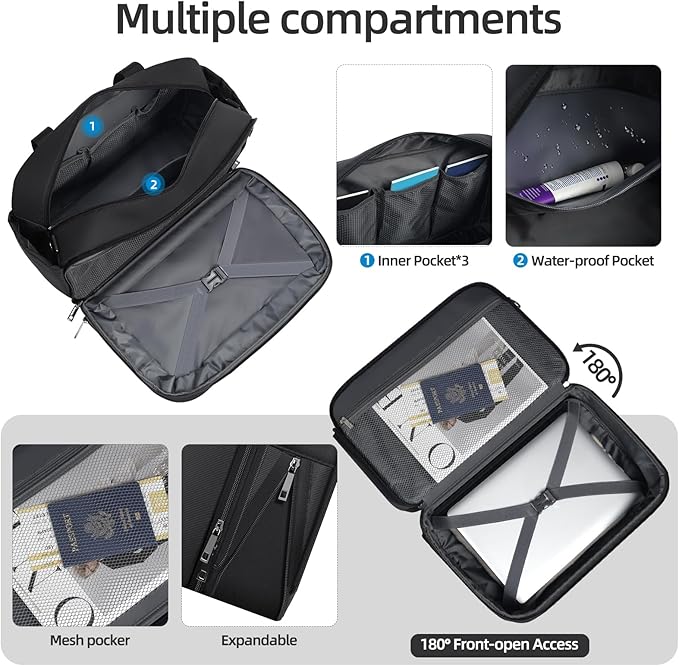 Carry-On Luggage Bag Travel Duffel Personal Item Bag Carry-On UnderSeat Travel Tote Overnight Weekender Bag Expandable Duffel Underseat Bag with Adjustable Strap, Black