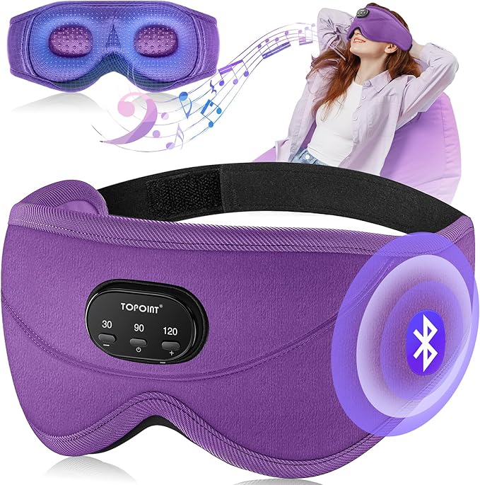 TOPOINT Sleep Mask with Bluetooth Headphones, 3D Eye Mask for Sleep Headphones with White Noise, Total Blackout, 5.4 Bluetooth, Timer, 15 Hours for Women Men, Travel, Meditation, Nap, CPAP Users