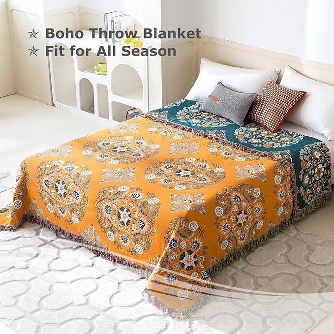 Boho Throw Blanket for Bed 100% Cotton Ultra Soft Rustic Quilt Floral Printed Farmhouse Decor Bed Fall Blanket,60"×80" All Season Rustic Large Throw for Sofa Couch Chair