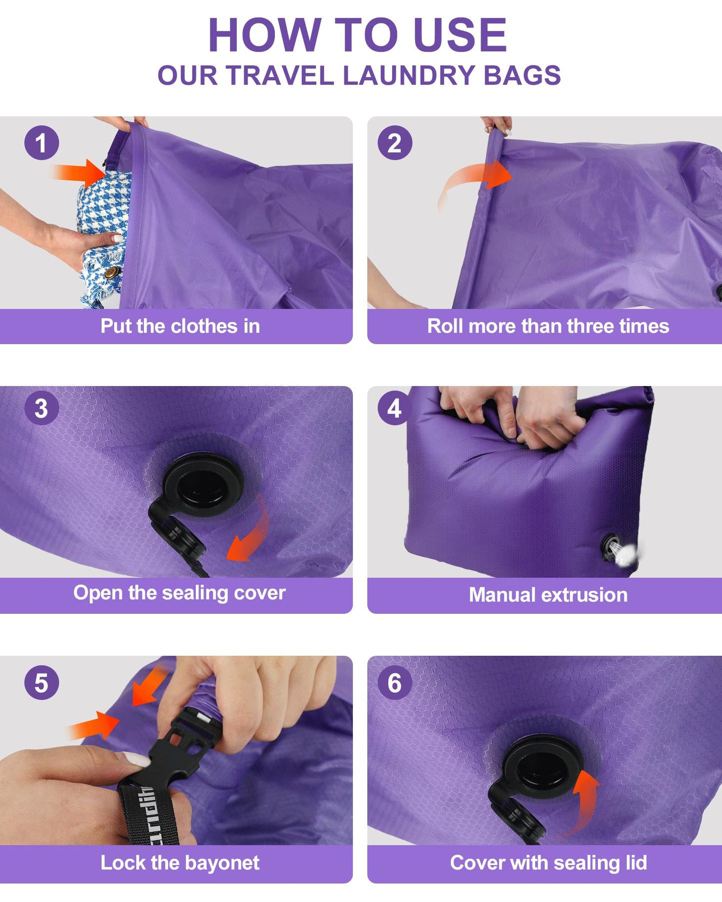 Travel Laundry Bag, Pump Free Vacuum Storage Bag Reusable Compression Dirty Clothes Travel Bag Waterproof Wet Dry Bags Large Capacity Space Saver Bags Camp Clothes Organizer (1 Pcs)(Purple, L)