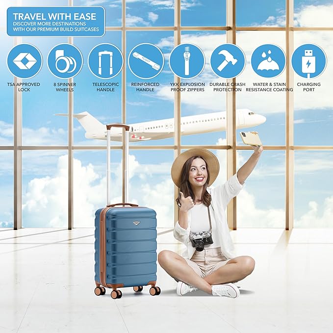 Carry On Suitcase Hardside TSA Lock & USB Port Silent Double Spinner Wheels Maximum Carry-On Bag For Canada Air Approved Airlines( 21.5x15.5x9" ,Blue/Tan )