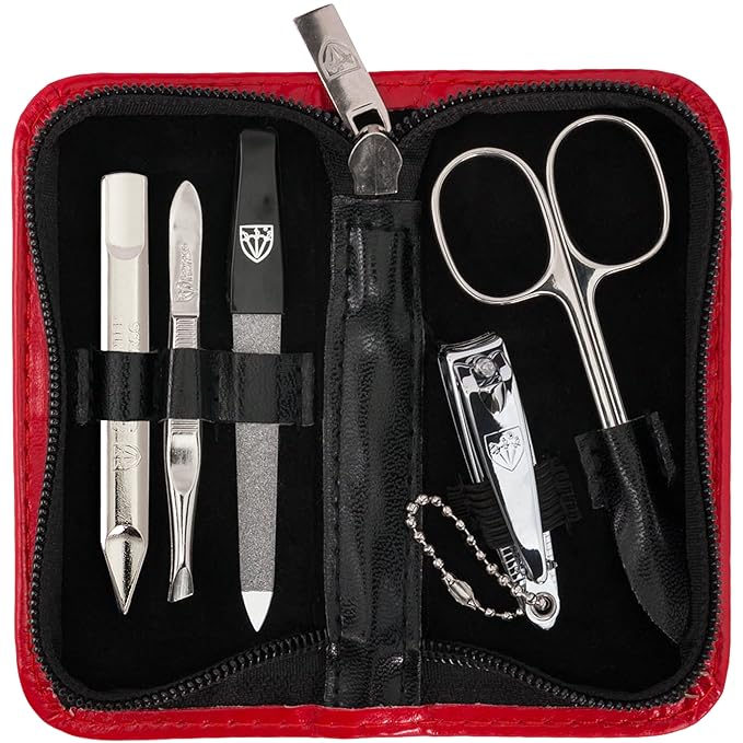 3 Swords Germany - brand quality 5 piece manicure pedicure grooming kit set with synthetic leather case red - Made in Germany