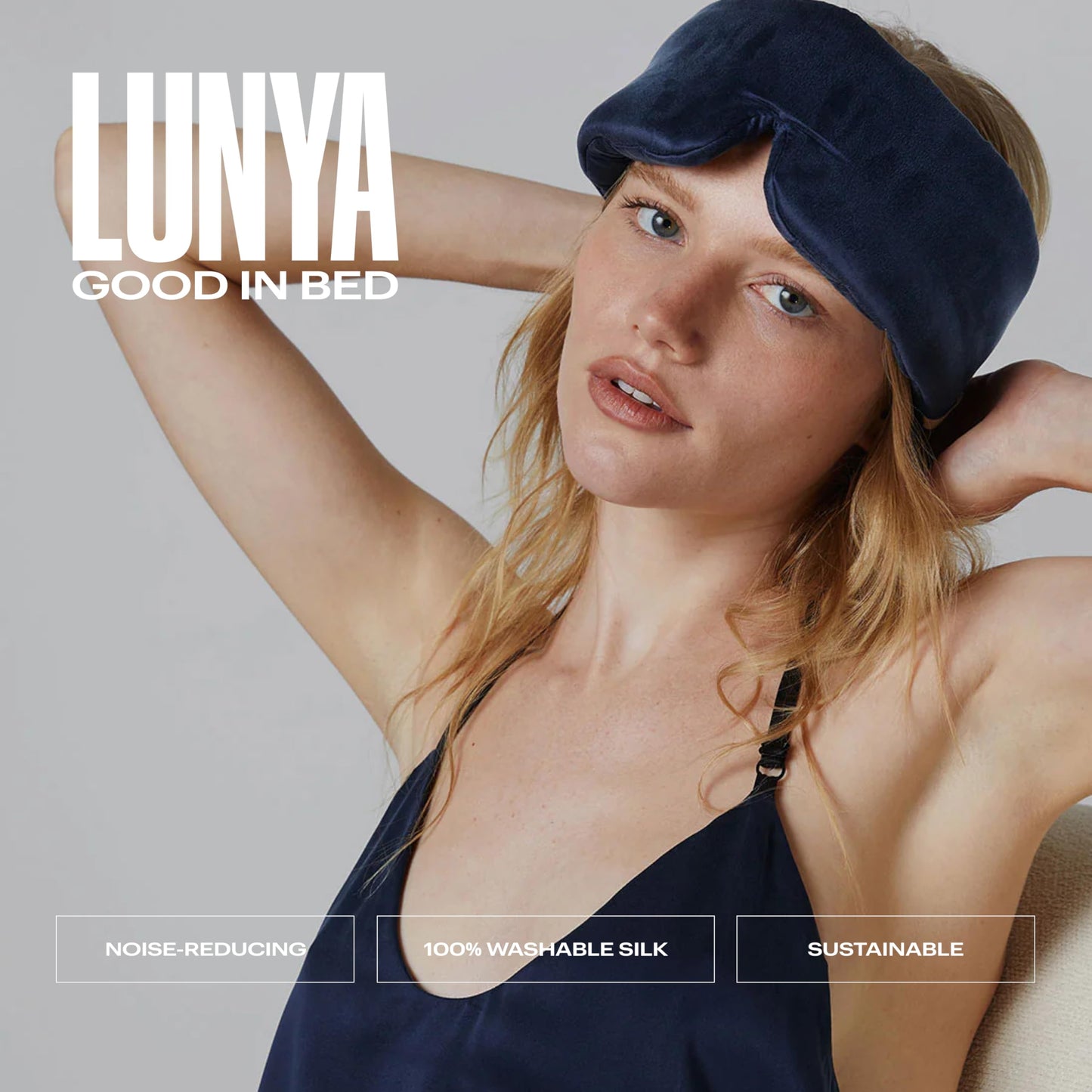 Lunya Weighted Silk Sleep Mask – Mulberry Silk Eye Cover with Cooling Glass Beads, Noise-Reducing Fit, Washable Fabric, and Travel Pouch – Sleeping Mask for Men and Women - Deep Blue - Small