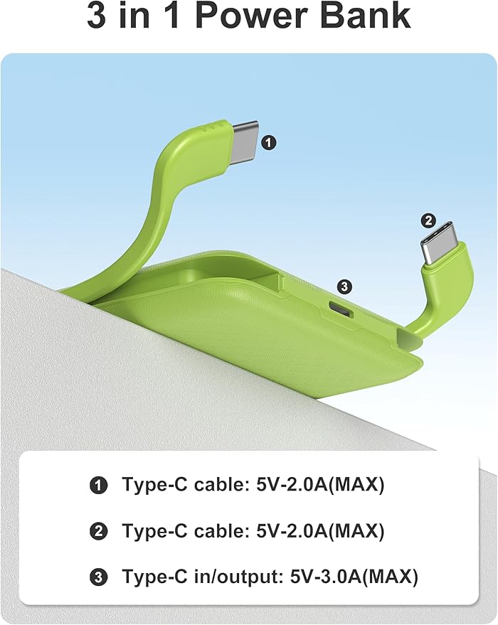 10000mAh Compatible with iPhone 15/16/17 (Only) Slim Portable Charger with Built in Cable, Power Bank Travel Charger External Battery Pack for Phone, 3 Output USB Type C Cord Clutch Charger, Green