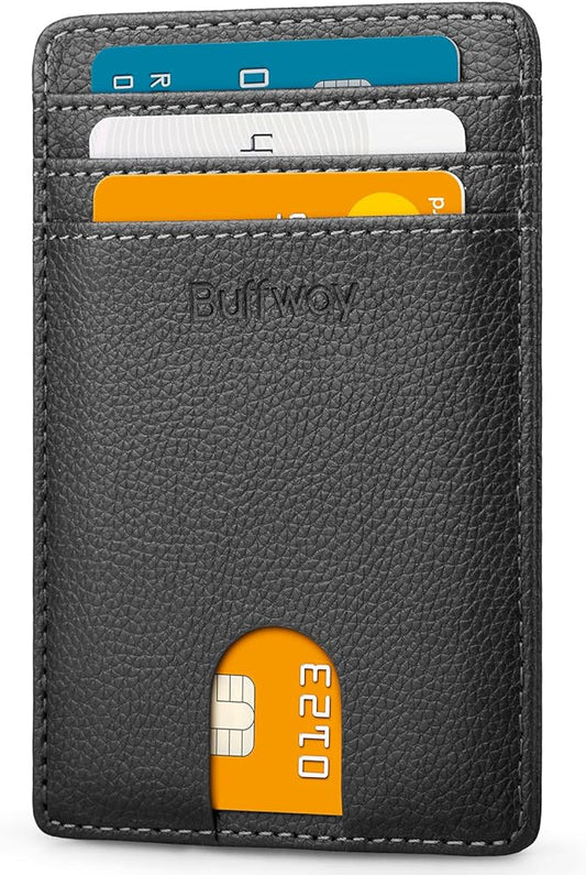 Buffway Mens Slim Wallet, Minimalist Thin Front Pocket Leather Credit Card Holder with RFID Blocking for Work Travel