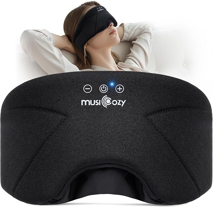 MUSICOZY Sleep Headphones, Bluetooth 5.4 Sleep Mask, Washable Zipper Eye Mask with HD Stereo Speakers, Cooling Ice Silk Fabric, 14H Playtime Wireless Headband Headphones for Side Sleepers