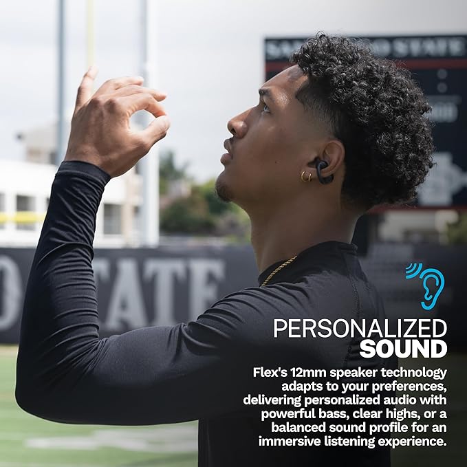 JLab Flex Open Earbuds, Clip-on Cuff Design, Wireless Open-Ear Audio Freedom Effortless Fit, Safe Listening, Bluetooth Multipoint, Customize with The App, Black