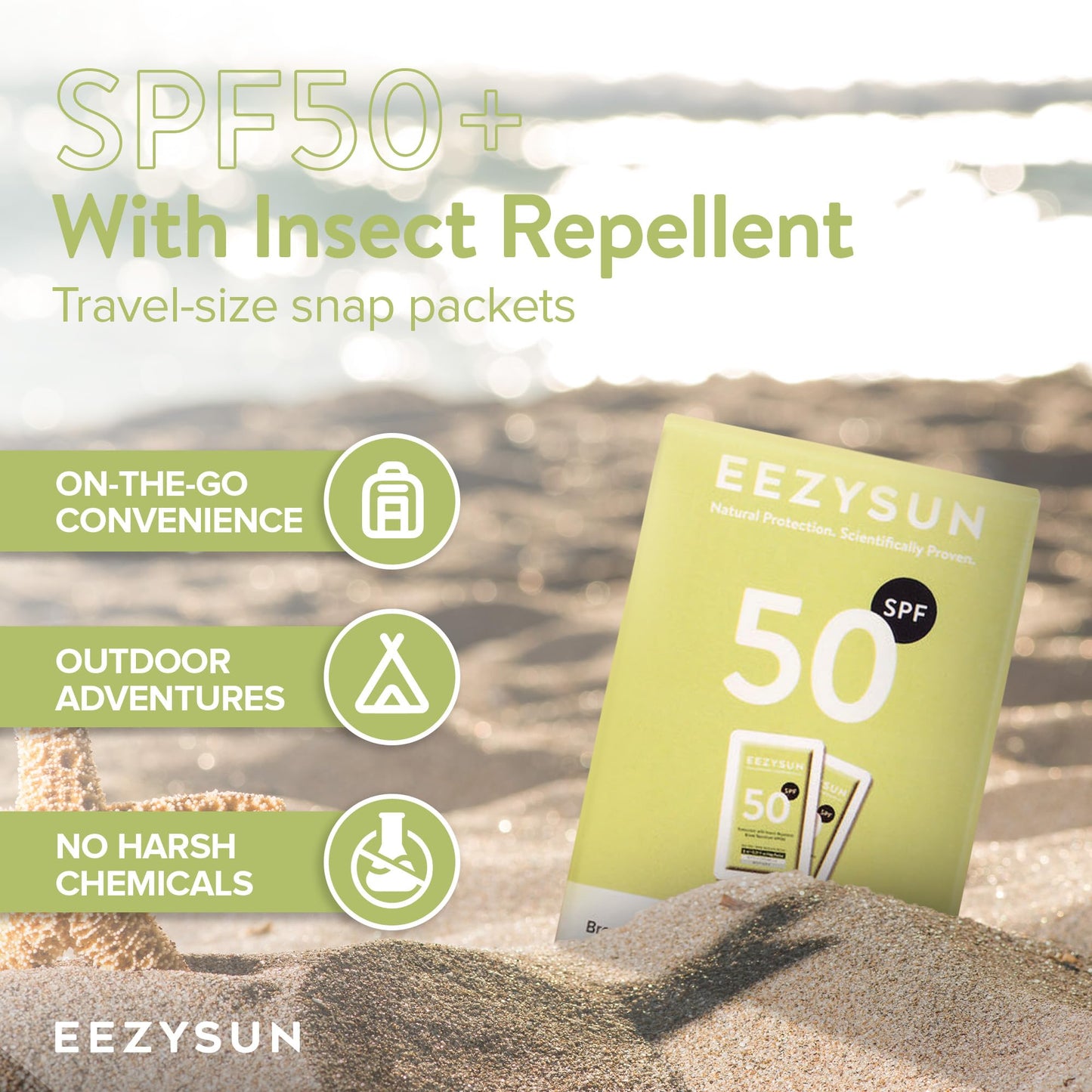 EEZYSUN SPF 50 Sunscreen and Insect Repellent Snap Packets - Sunscreen Travel Size Bug Repellent with Citronella Oil, Lemongrass, and Neem Oil - Reef-Safe Repellent - 10 Snap Packets (0.27 fl oz each)