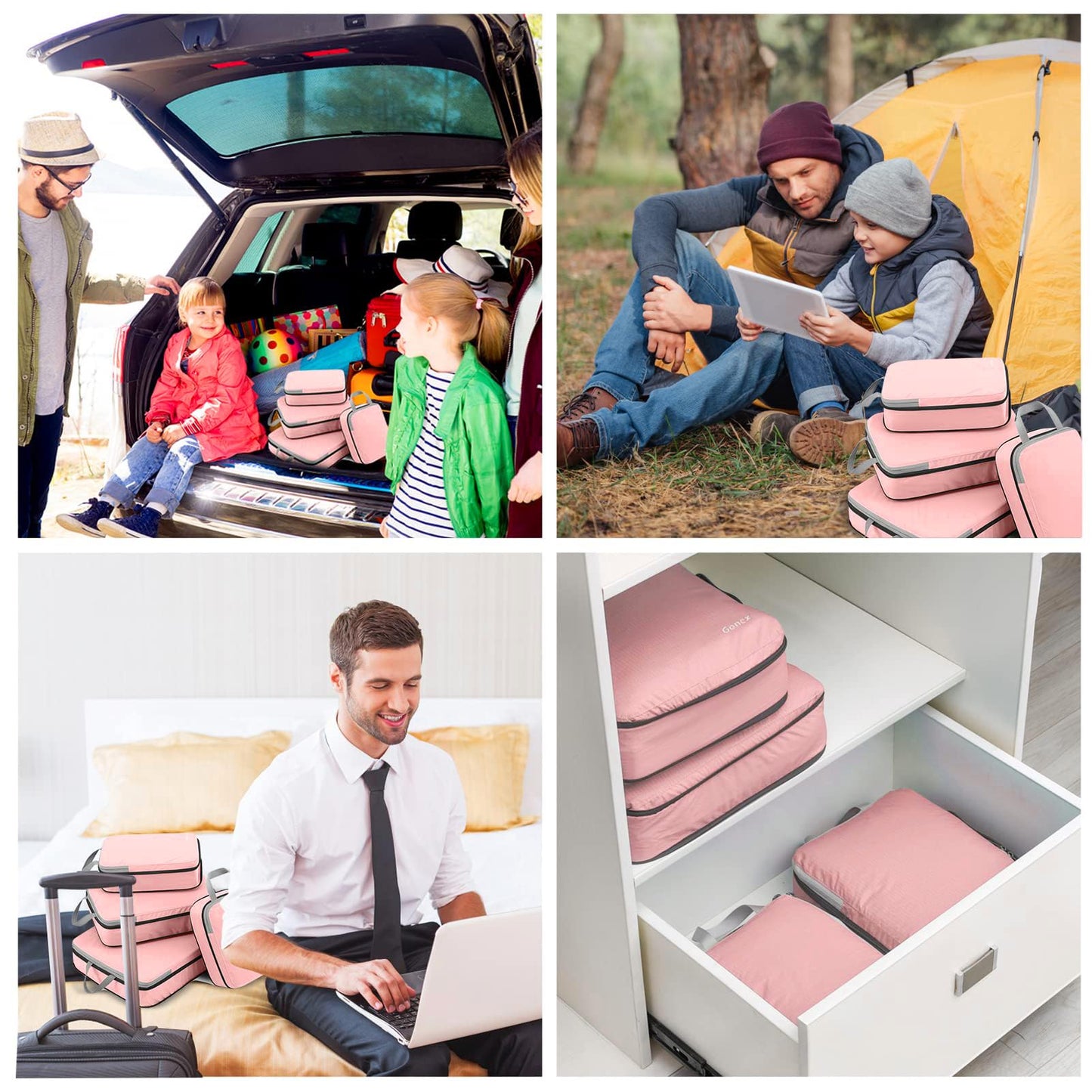 Gonex Compression Packing Cubes, 4pcs Expandable Storage Travel Luggage Bags Organizers (Pink)