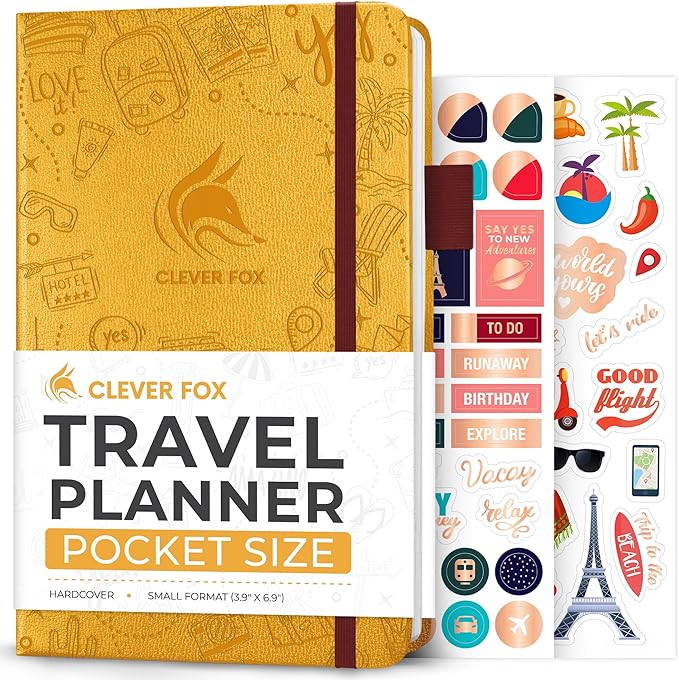 Clever Fox Travel Journal Pocket – Vacation & Road Trip Itinerary Planner Organizer & Traveling Memory Diary – Small Traveler Notebook (Amber Yellow)