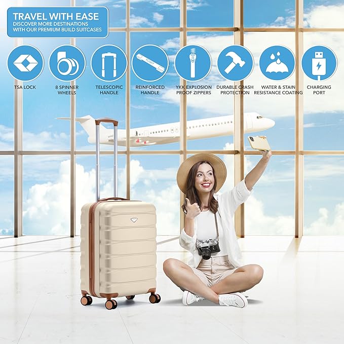 Carry On Suitcase Hardside TSA Lock & USB Port Silent Double Spinner Wheels Maximum Overhead Carry-On Bag Approved For Many Airlines( 22x18x10" ,Cream/Tan )