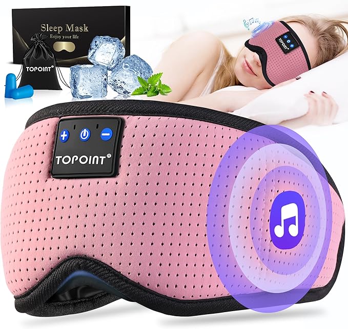 TOPOINT Sleep Mask with Bluetooth Headphones, Breathable Silk Eye Mask for Sleeping Men Women, Bluetooth Sleep Mask Blackout with Speakers, Microphone Handsfree, USB C for Travel Meditation Gifts