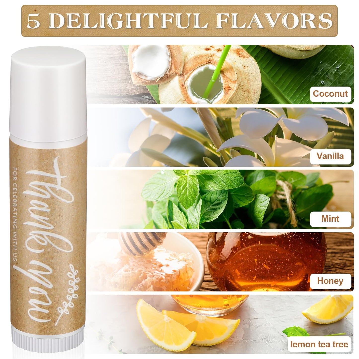 Leelosp Wedding Thank You Lip Balm Bulk Small Natural Moisturizing Mini Balm Lip Care Product Include Organza Bag and Appreciation Card for Women Baby Shower Favors, 5 Fragrance (100 Sets)