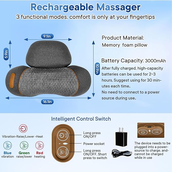 Neck Massager Pillow, Fisiorest 3-in-1 Neck Massager, Travel Neck Massage Pillow for Shoulder Pain Relief, Deep Tissue Pain with Heat and Traction, Neck Hump Corrector for Women,Memory Foam