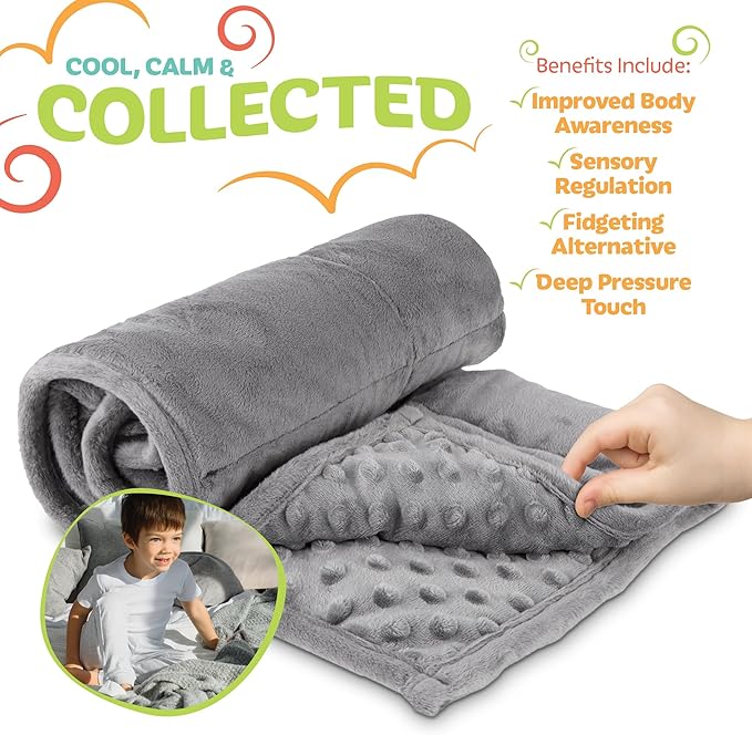 5lb Weighted Blanket (Grey) – Plush Minky Lap Pad with Sensory Support for Autism or ADHD, Giftable Weighted Blanket with Travel Bag for Ages 4–10