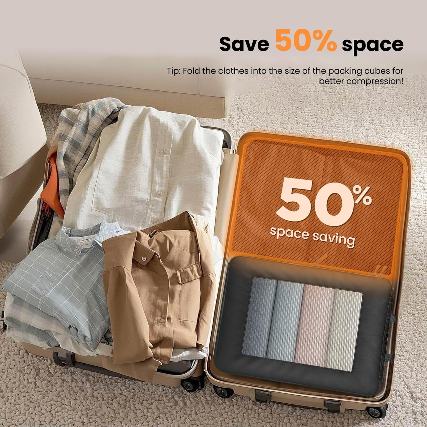 8 Set Compression Packing Cubes for Travel Suitcase Organizer Travel Essentials for Backpack Luggage Organizer Bags for Carry on (Black)