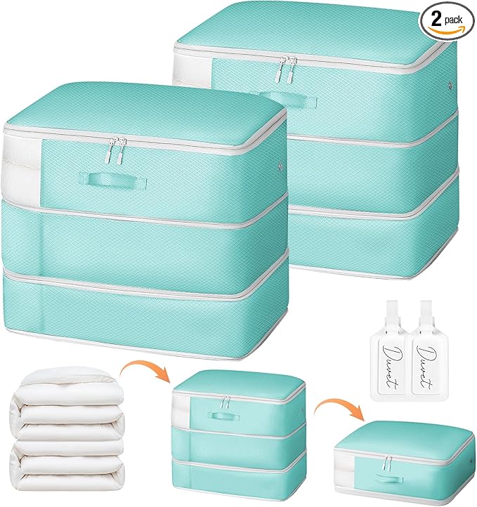 Comforter Storage Bag - Large Capacity Blanket Storage Bags 3-Layer Ultra Space Saving Self Compression Organizer, Washable Compression Bags for Storage Comforter Blanket, 2-Pack, Blue