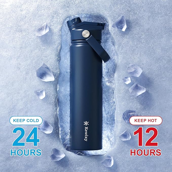 24 oz Insulated Water Bottle, 2-in-1 Lid, Straw & Spout with Protected, Leak Proof, Keep Cold, Stainless Steel, Metal, Reusable, Handle, for Travel, Gym and School, 2 Lids, Denim Blue