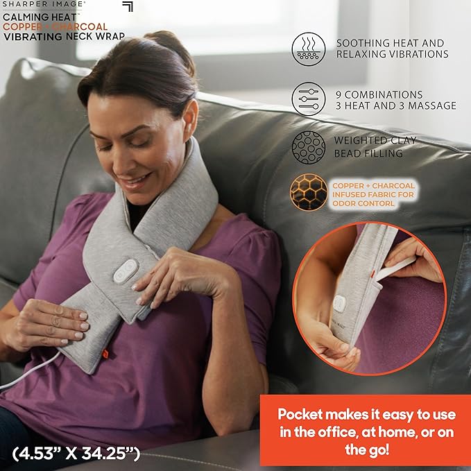 Calming Heat Neck Wrap Includes Portal Power Pack by Sharper Image Copper & Charcoal Infused Personal Electric Neck Heating Pad with Vibrations, 3 Heat & 3 Vibration Settings- 9 Relaxing Combinations