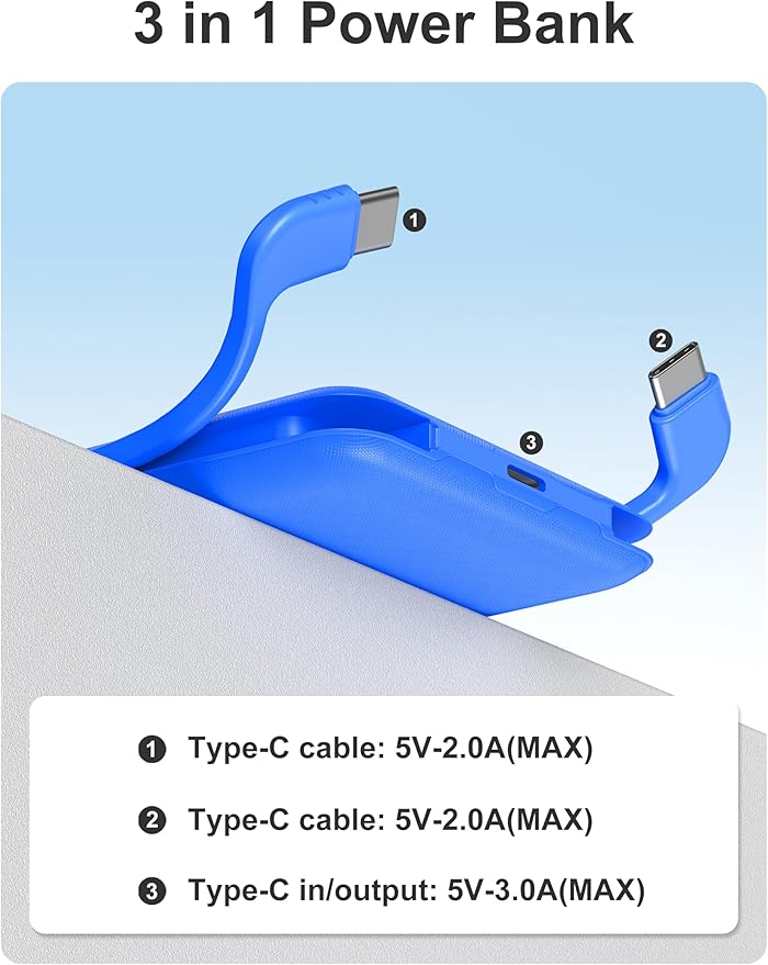 10000mAh Compatible with iPhone 15/16/17 (Only) Slim Portable Charger with Built in Cable, Power Bank Travel Charger External Battery Pack for Phone, 3 Output USB Type C Cord Clutch Charger, Deep Blue