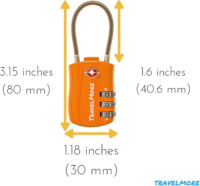 6 Pack TSA Approved Travel Combination Cable Luggage Locks for Suitcases & Backpacks - Orange